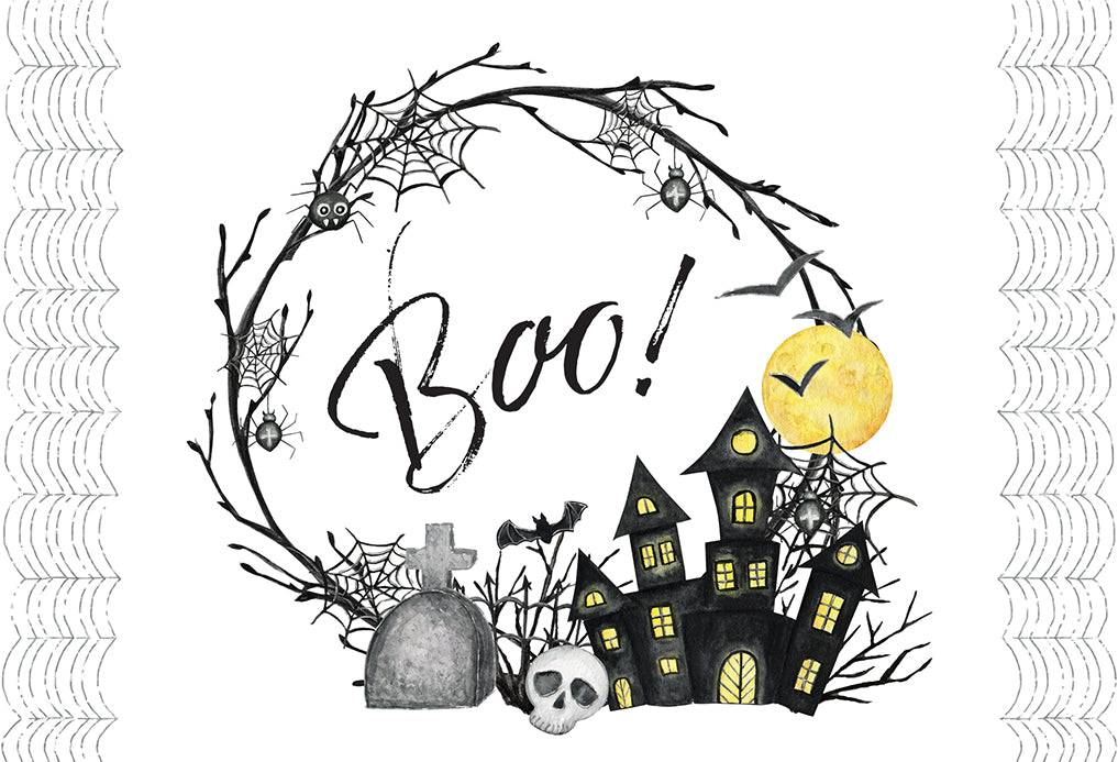 Haunted House Halloween Card by Pictura featuring spooky haunted house with bats and full moon in dark night scene.